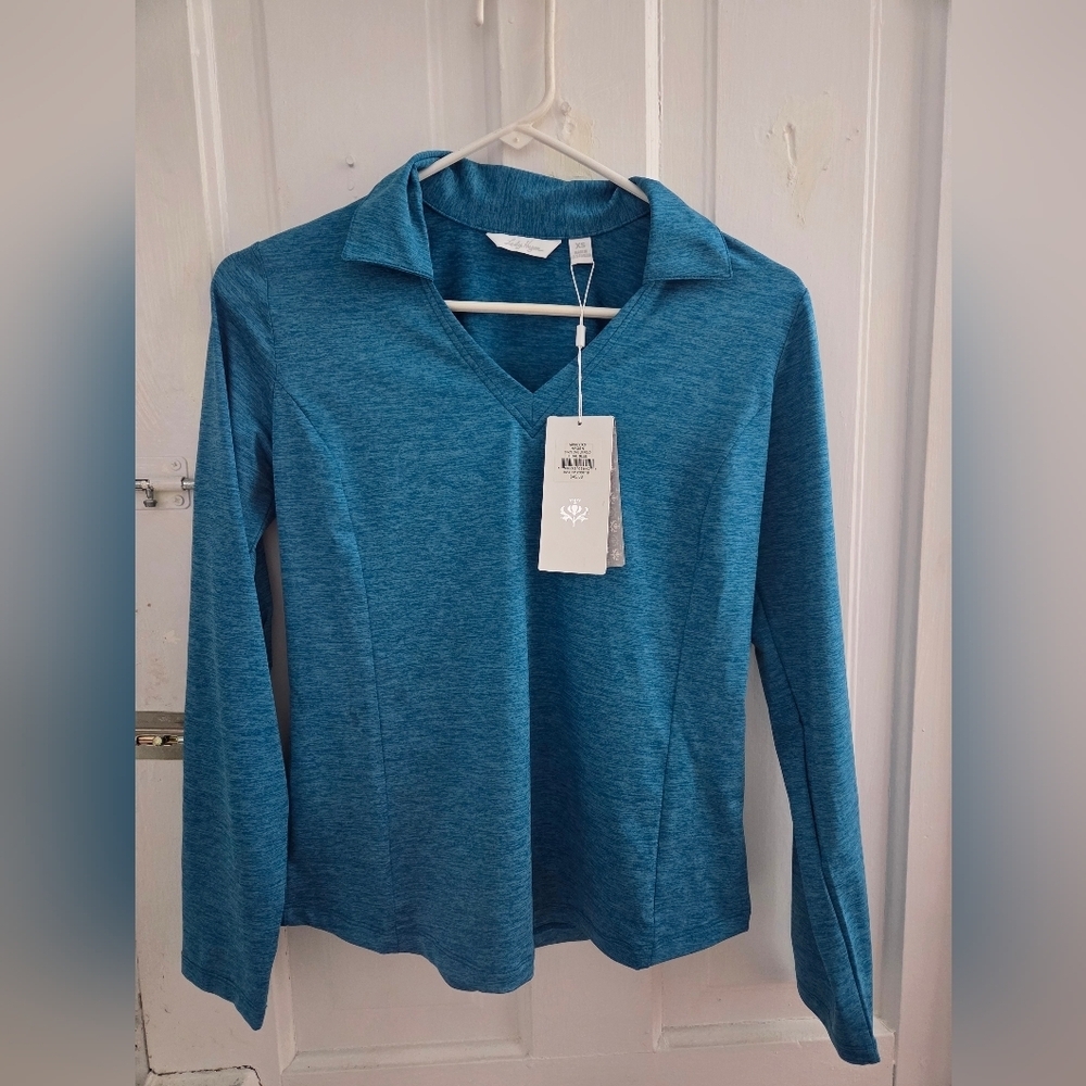 NWT Lady Hagan XS Blue Heather Long Sleeve Vneck Collared SPF25 Top